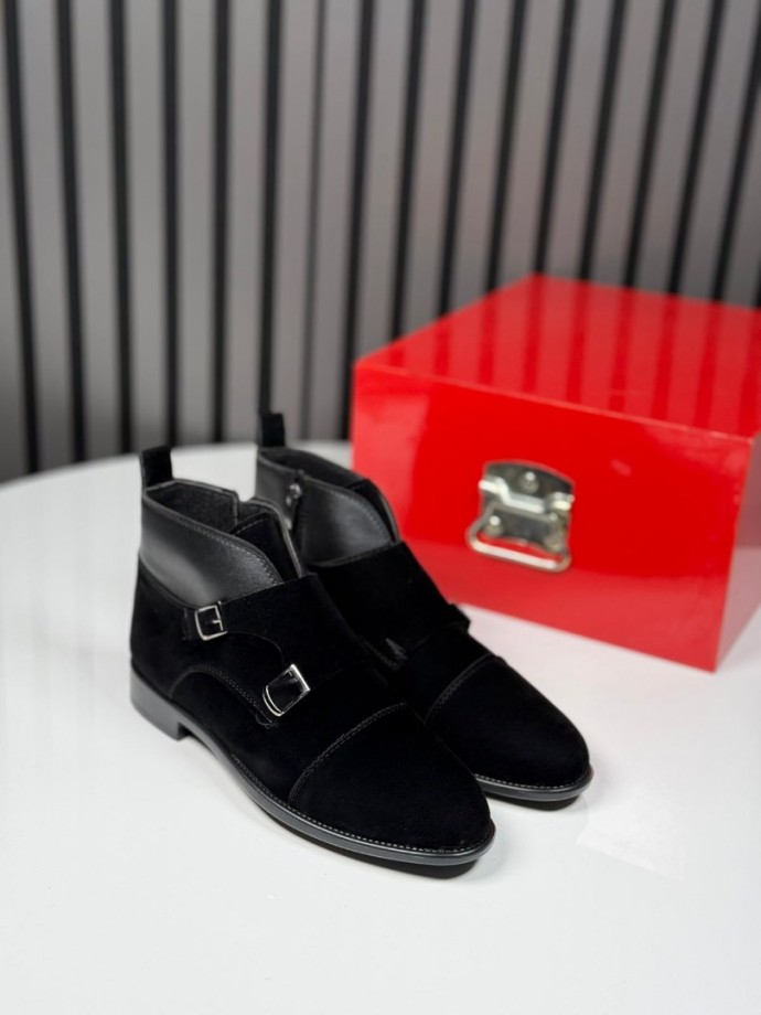 2025 KLASİK İTALYAN SİYAH SÜET TOKLI BOT - SİYAH SÜET DERİ BOT