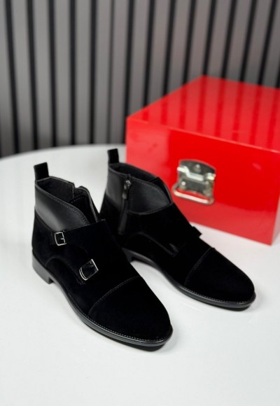 2025 KLASİK İTALYAN SİYAH SÜET TOKLI BOT - SİYAH SÜET DERİ BOT