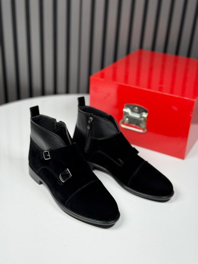 2025 KLASİK İTALYAN SİYAH SÜET TOKLI BOT - SİYAH SÜET DERİ BOT