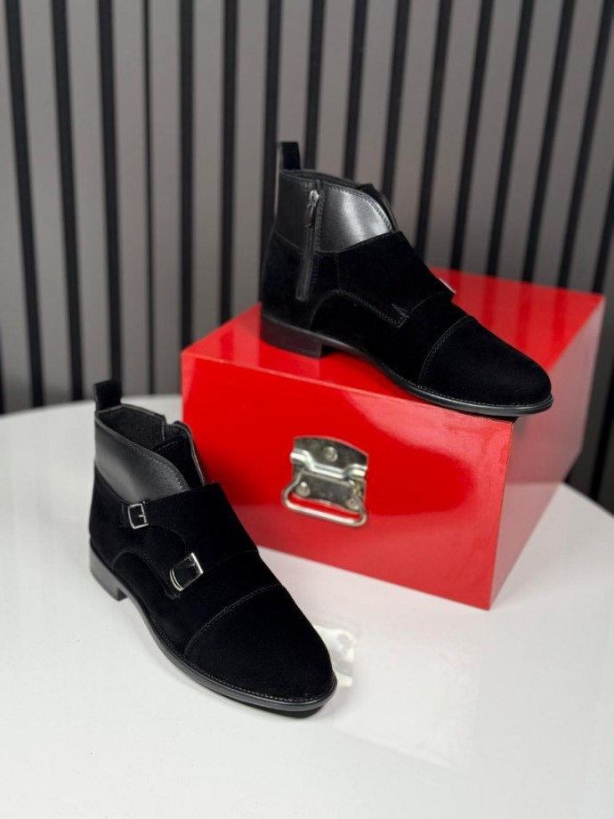 2025 KLASİK İTALYAN SİYAH SÜET TOKLI BOT - SİYAH SÜET DERİ BOT