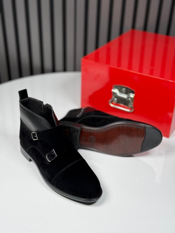 2025 KLASİK İTALYAN SİYAH SÜET TOKLI BOT - SİYAH SÜET DERİ BOT