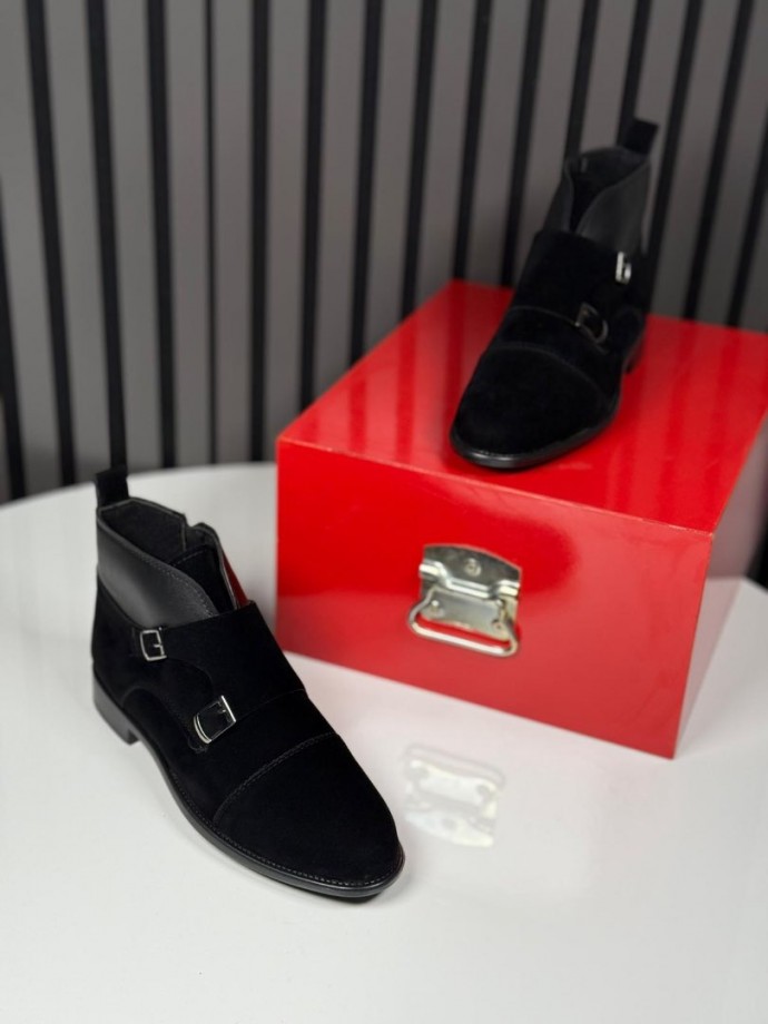 2025 KLASİK İTALYAN SİYAH SÜET TOKLI BOT - SİYAH SÜET DERİ BOT